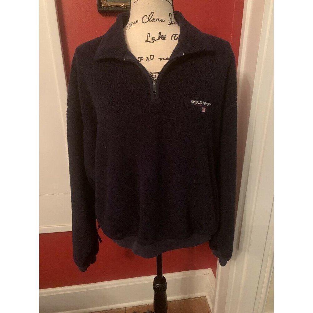 VIntage 90s Y2K Polo Sport Ralph Lauren USA Flag Back Fleece 1/4 Zip Sweater L